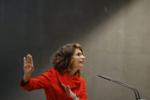 La vicepresidenta primera y ministra de Hacienda, María Jesús Montero, participa en la asamblea de delegadas y delegados de UGT-Madrid celebrada este martes con motivo del Primero de Mayo.