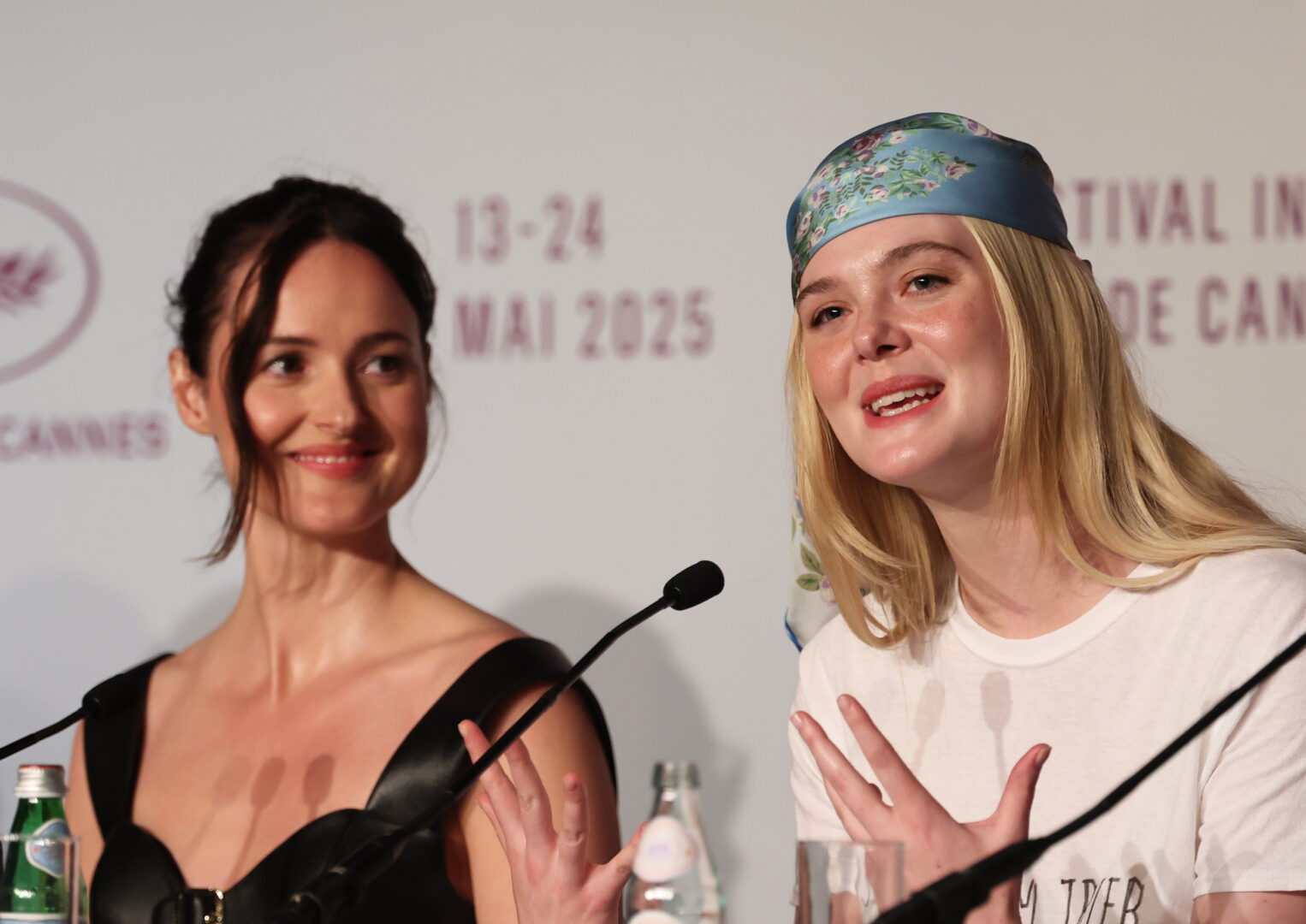 Renate Reinsve (L) and Elle Fanning (R) attend the press conference for 'Affeksjonsverdi (Sentimental Value)' during the 78th annual Cannes