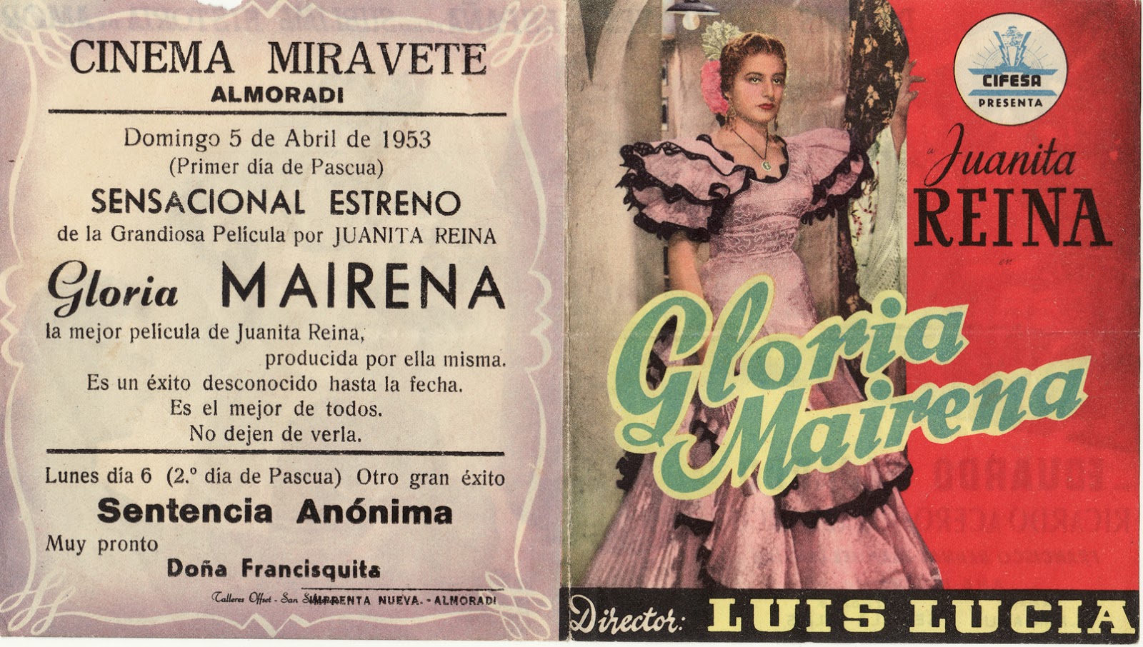 Publicidad de la película Gloria Mairena (1952), favorita de Méndez Leite