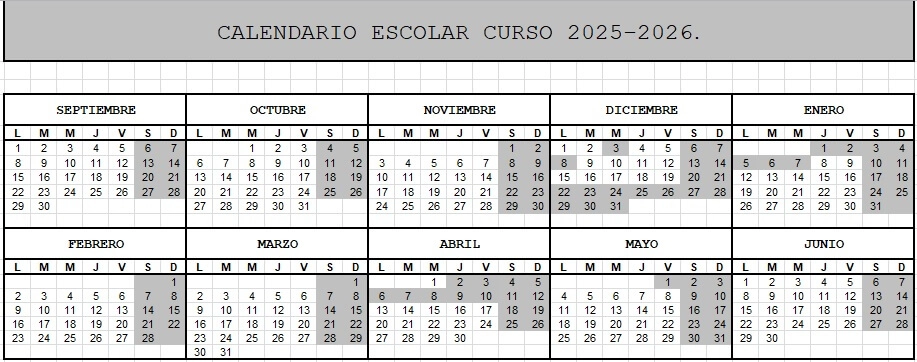 Calendario en Excel para el curso 25-26 en Navarra