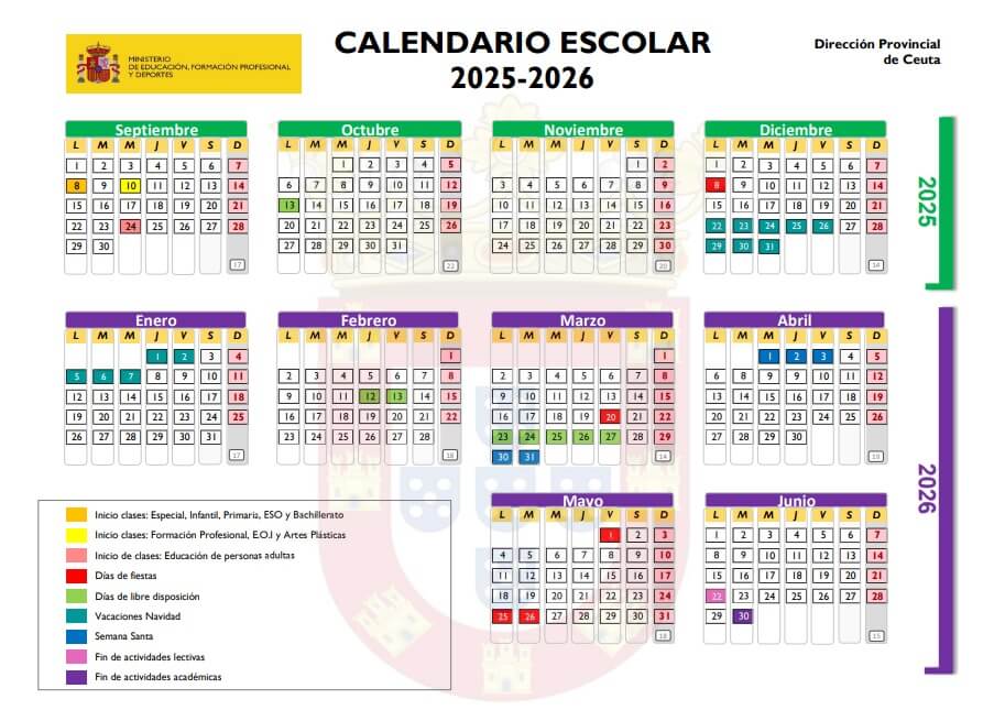 Calendario escolar para Ceuta en el curso 25/26