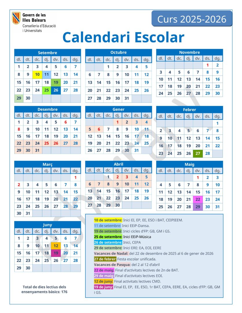 Calendario escolar completo Baleares 25-26