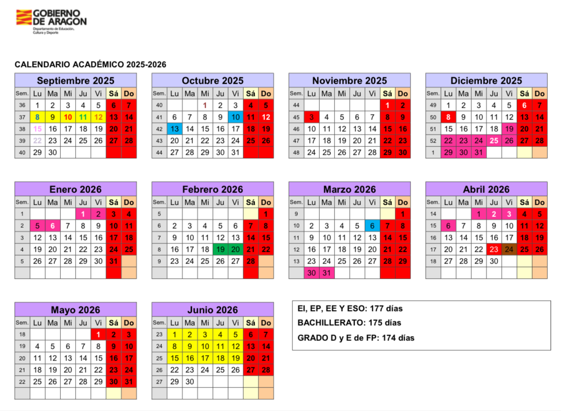 Calendario escolar de Aragón para el curso 2025-26