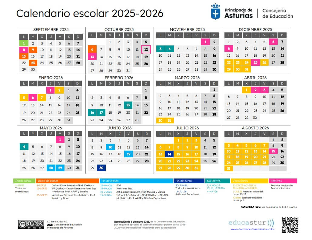 Calendario escolar de Asturias en 2025-2026