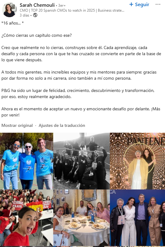 Publicación de LinkedIn de Sarah Chemouli anunciando su salida de P&G